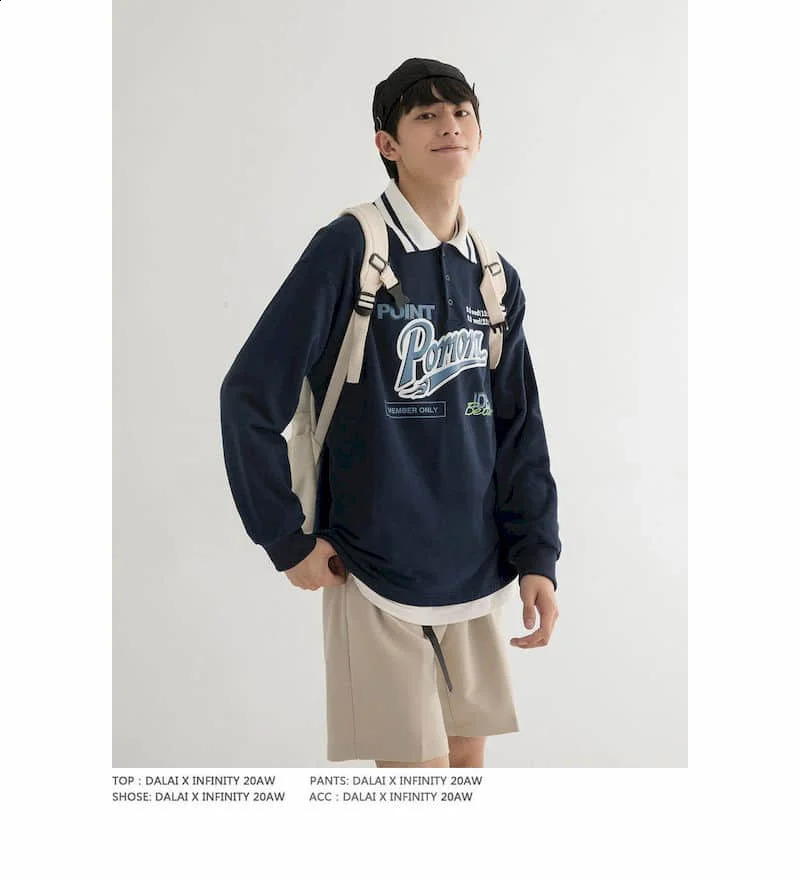 Mens Long-sleeved T-shirt American Retro Lapel Loose College Style POLO Shirt Student Sports Bottoming Tops Cool 240824