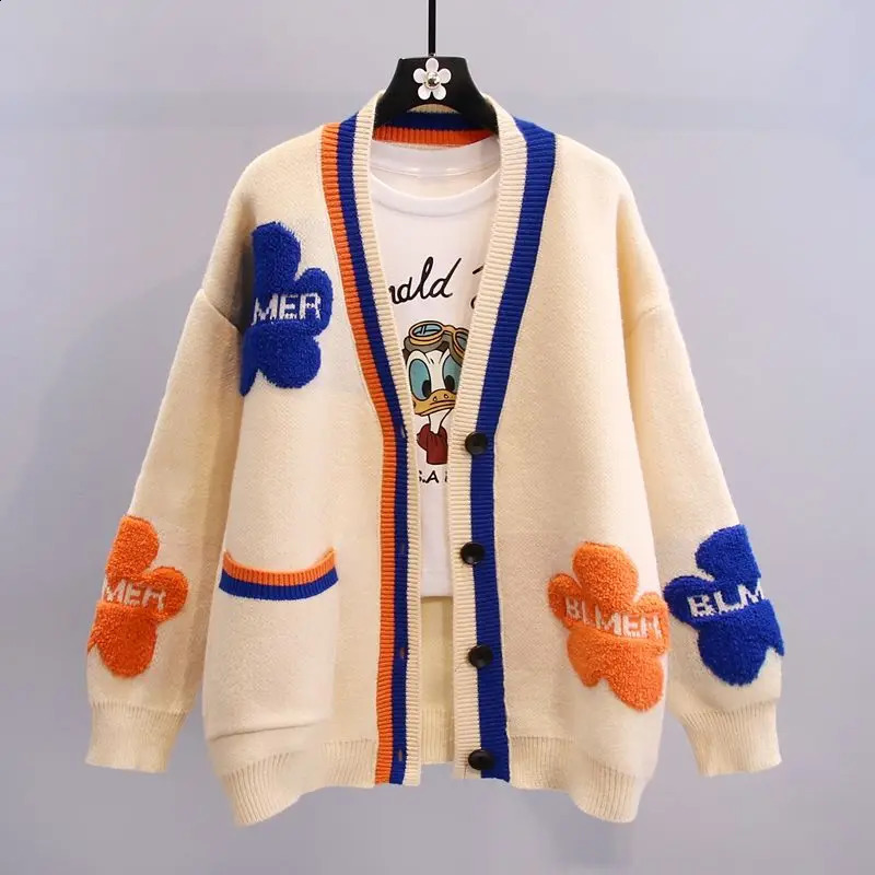 Fashion womens knitted sweater jacket autumn winter Korean long sleeved Vneck pocket button cardigan streetwear casual jersey 240826