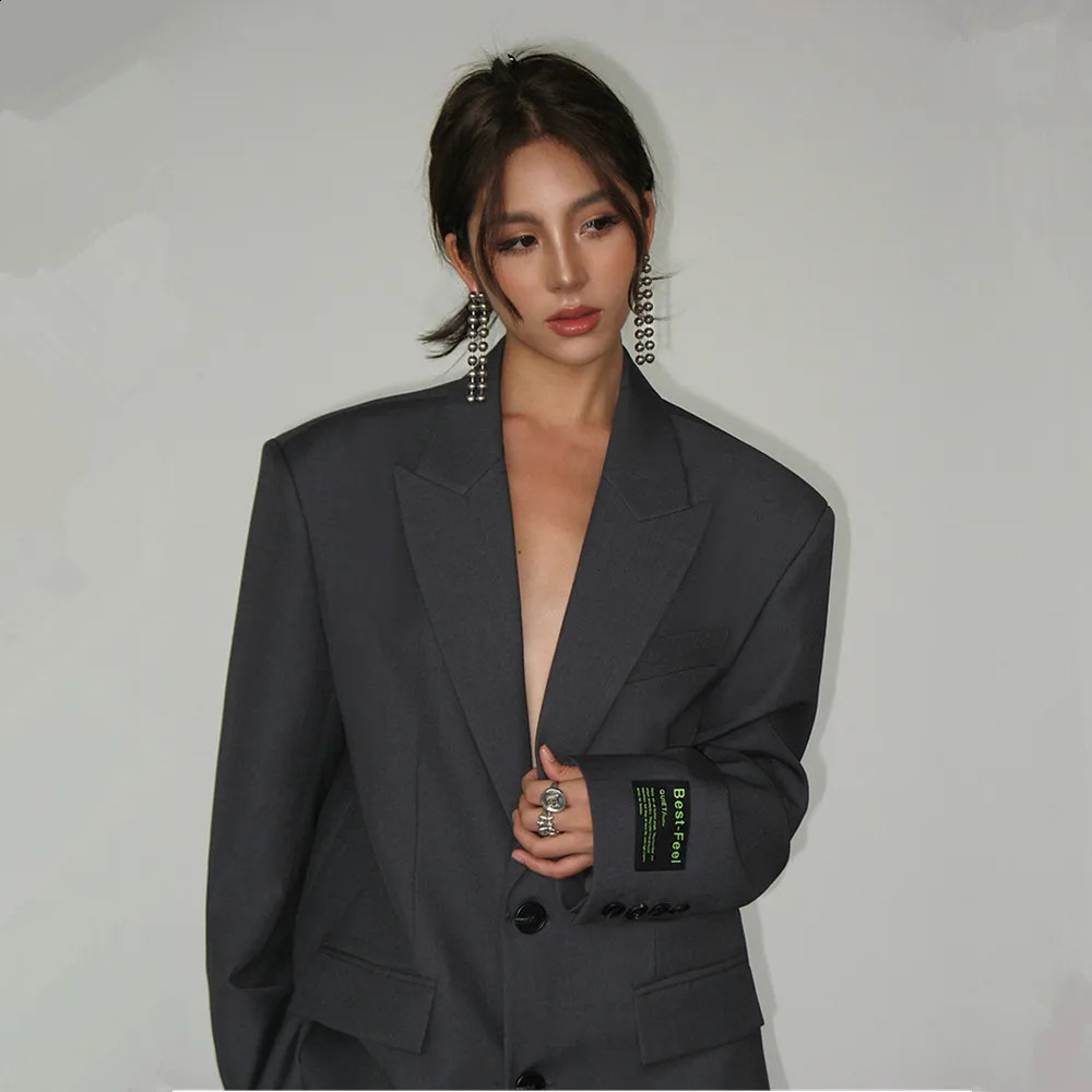 Women Wide Shoulder Blazer Casual Loose Suit Jackets Classic Coat Office Lady Clothing Chic Outwear Outfits Female Stylish Tops 240826