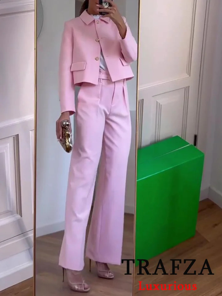 TRAFZA Vintage Chic Office Lady Pink Solid Women Suit Pockets Blazer Belt Straight Loose Pants Fashion Office Lady Set 240826