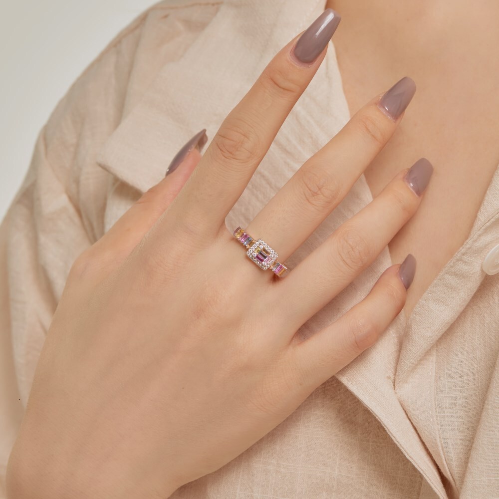 Korean version of new S pure sier closing ring with geometric shape, colored zircon, fashionable and versatile design for women's rings