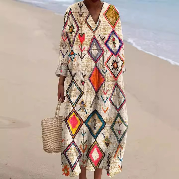 New Womens Striped Color Blocked Art Printed Elegant Vacation Dress Women Style Dress
