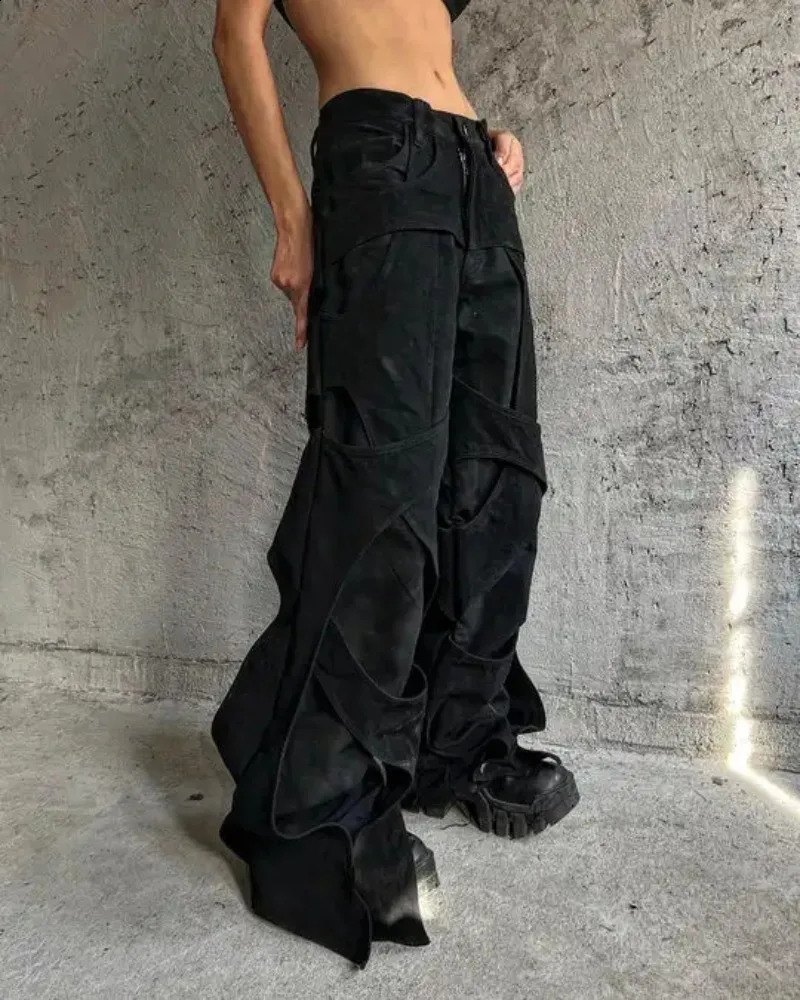 Street Y2K Heavy Industry Jeans Men Harajuku Casual Loose Oversized Wide-leg Pants Couple Punk Low Waist Slim Jeans 240824