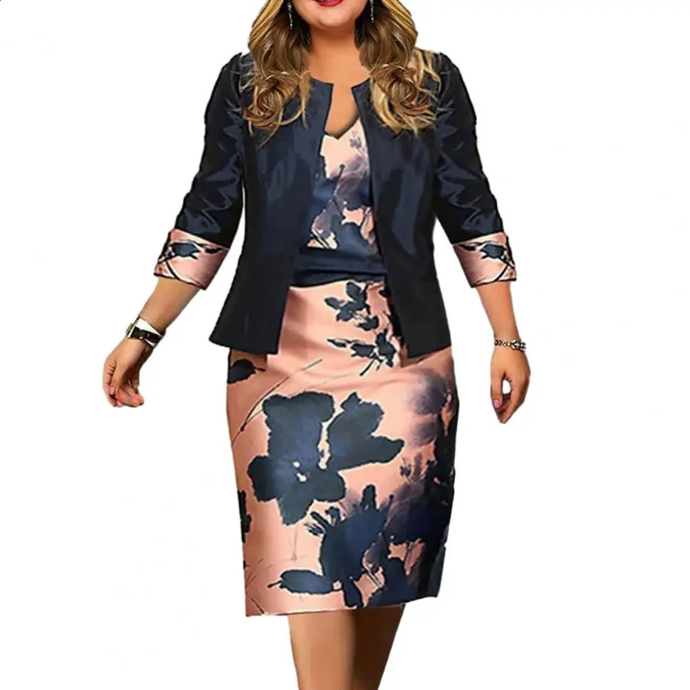 2 Pcs/Set Coat Suits Floral Print Sheath Midi Open Dress Suit Jacket Women Outfit Set 240826
