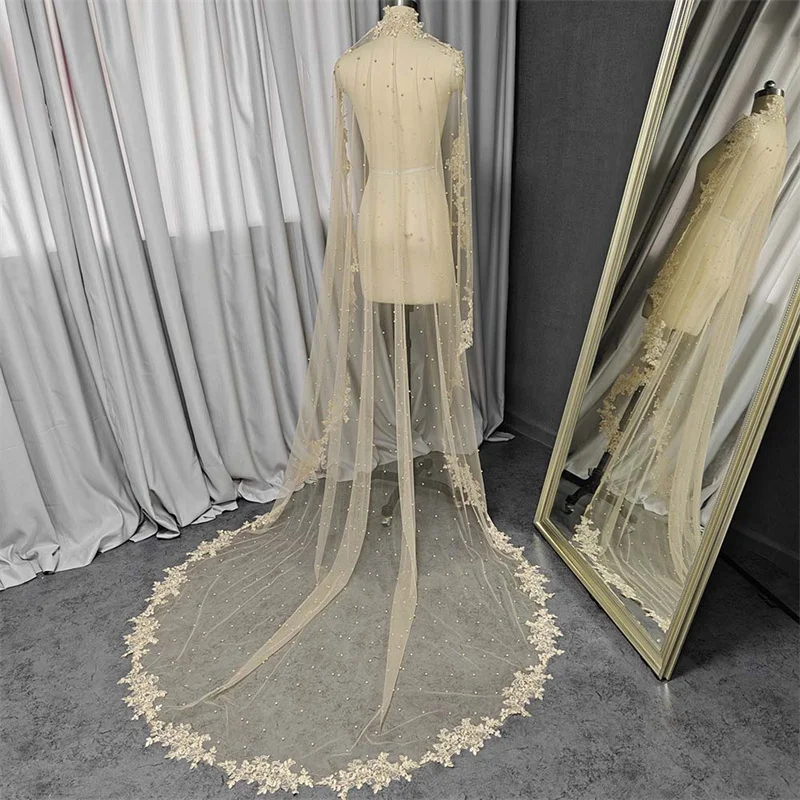 Mantilla Pearls Wedding Veil with Hidden Comb 3m Lace Appliques Bridal Veil Mantilla Veil Wedding Accessories Custom Made