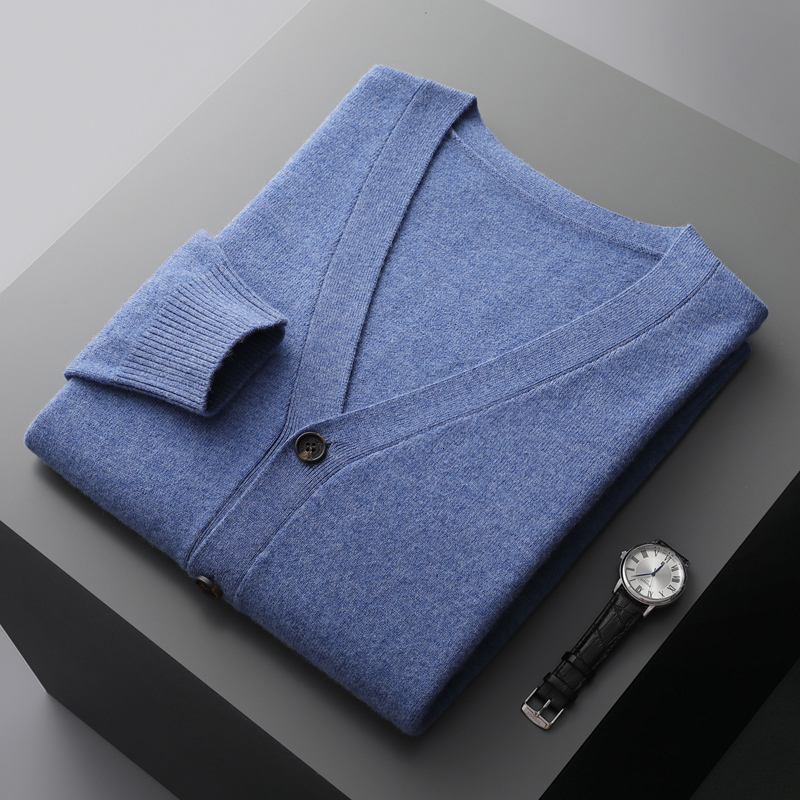 100% pure wool mens cardigan cashmere sweater knitted jacket solid color long sleeved highquality top for autumn and winter 240824