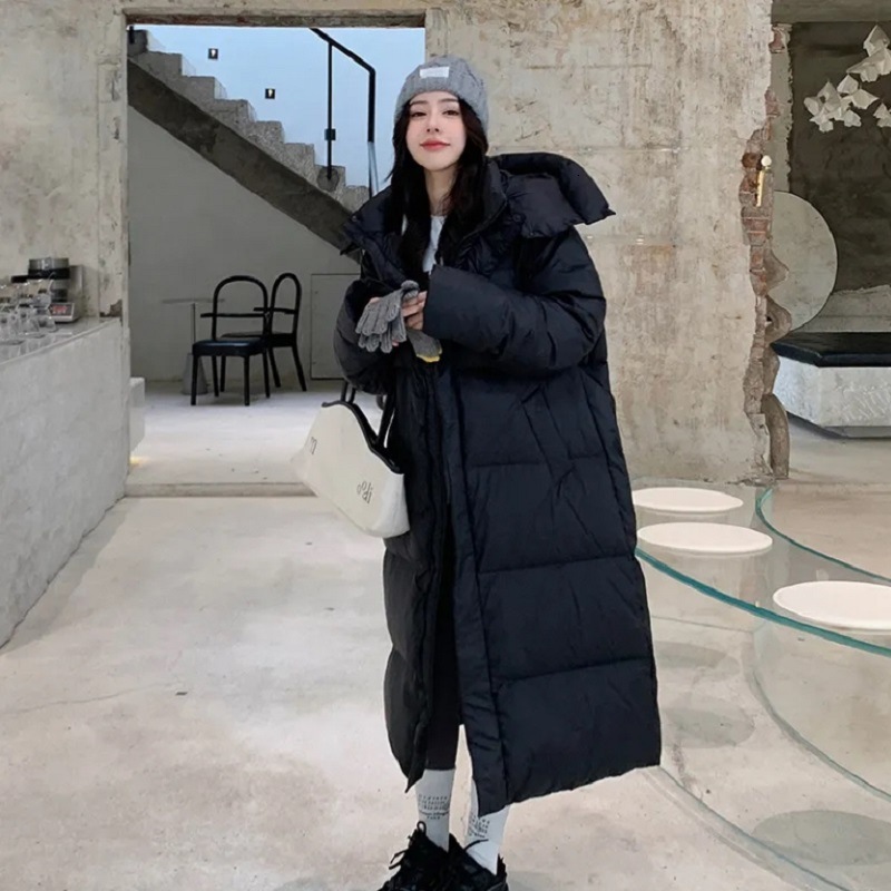 Winter New South Korea Dongdaemun Long Down Cotton Jacket Womens Thick Hooded Breadcoat Loose Knee Over Coat