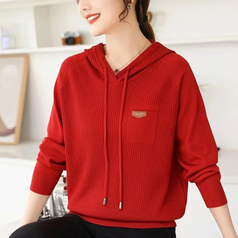 Spring and Autumn Fashion Solid Color Hooded Thread Ice Silk Knitted Sweater Temperament Womens Sweater 240824