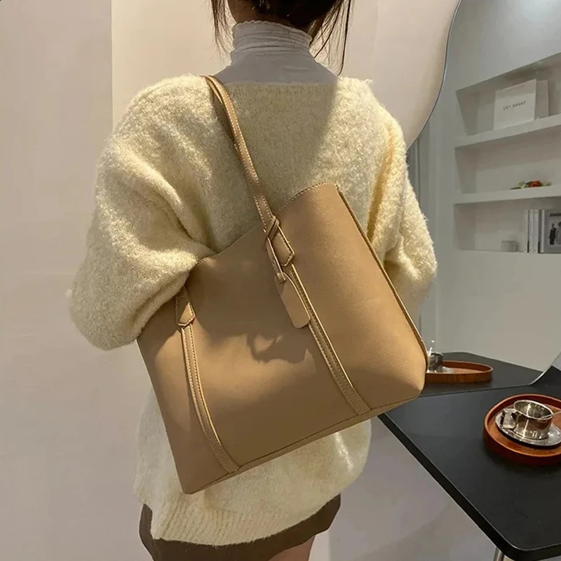 DHXJ 1PC black minimalist large capacity soft leather tote casual versatile shoulder bag 240826