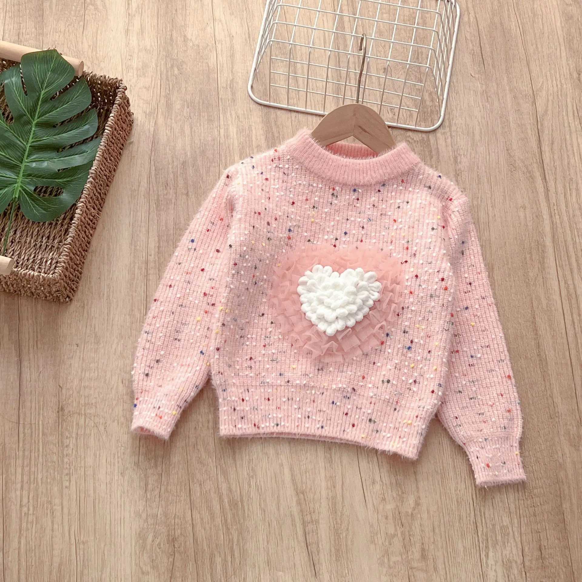Autumn and Winter Preschool Girls Sweaters Loose Rainbow Dot Printed Thick Baby Girls Hoodies Loose Love Knitted Childrens Girls SweatersW240824
