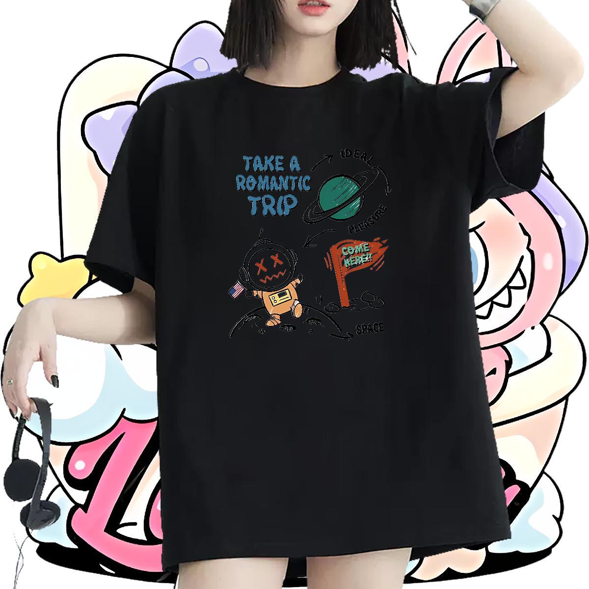 Loose Lady T shirt 230g Pure Cotton spaceman Daily Outfit T-Shirts Crew Neck Breathable Oversized Tops