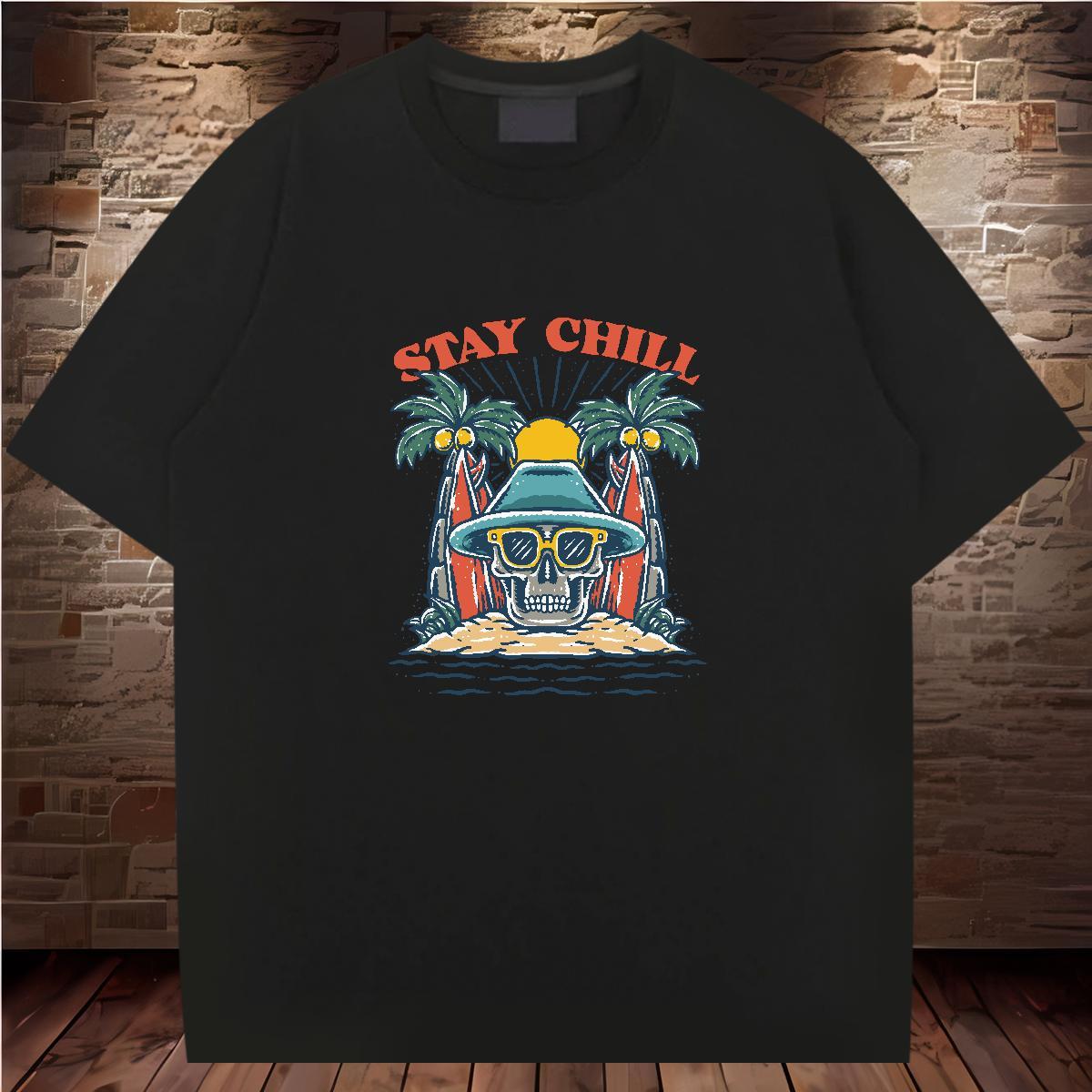 Loose T-Shirts for Men 230g Pure Cotton skull Street wear Hip Hop Asian Size Short Sleeve O-Neck Men Tshirts Designer Polos