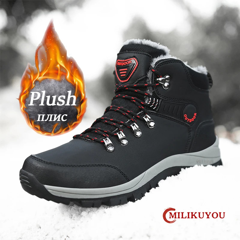 Snow waterproof leather sports shoes ankle super warm mens outdoor anti slip snow winter hiking boots