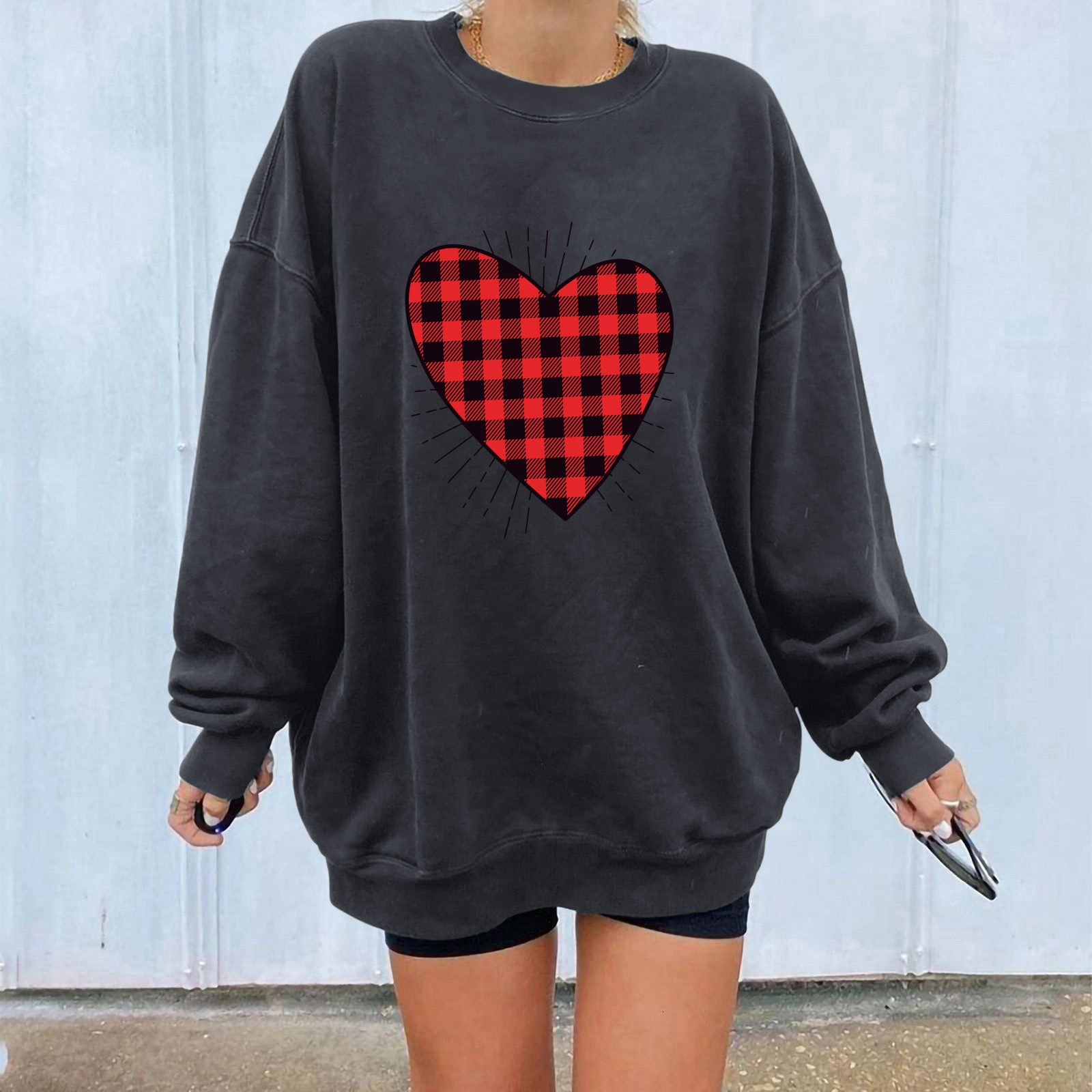 Christmas trend shoulder down with red and black checkered heart-shaped line printed casual style jacket hoodie dongdumaoyi