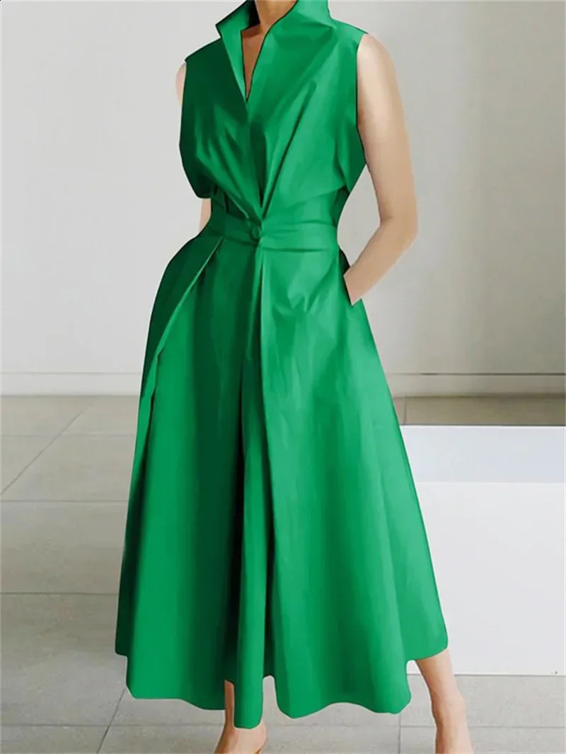 Krisnana Vestidos Urban A-line Dress For Women Summer Korean Fashion Sleeveless Solid Color Lapel Midi Dresses Simple Clothes 240815