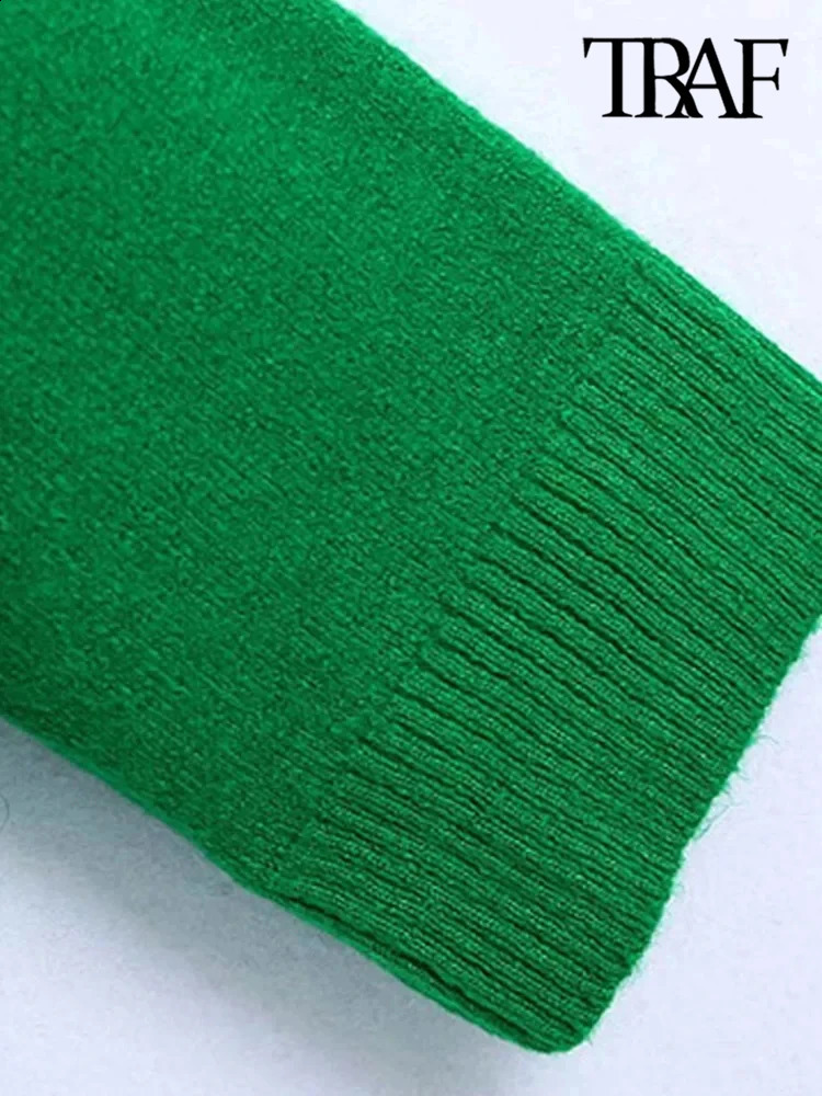 TRAF Womens Fashion Ribbed Decoration Loose Knitted Sweater Retro High Collar Long Sleeve Zipper Fashionable Top