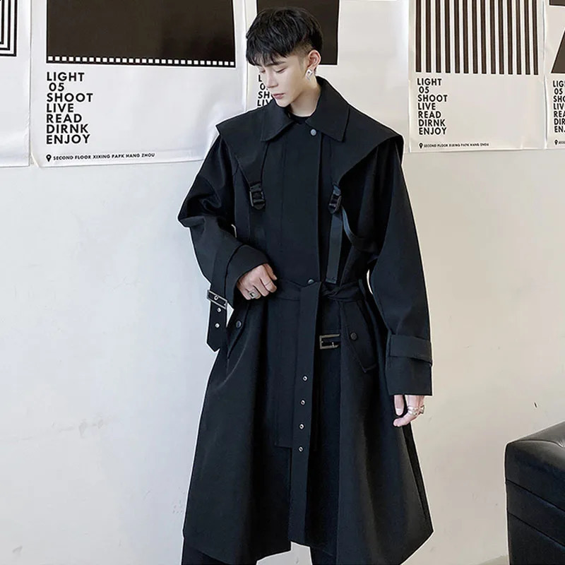 Men Functional Style Strap Casual Loose Trench Coat Male Japan Harajuku Streetwear Long Trench Jacket Windbreaker Outerwear 240826