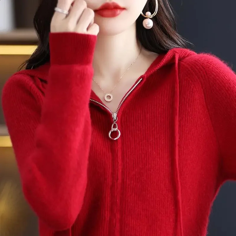 Fashion Woman Blouses Knitted Hooded Long Sleeve Vintage Casual All-match Solid Color Zipper Sweaters Cardigan 240824