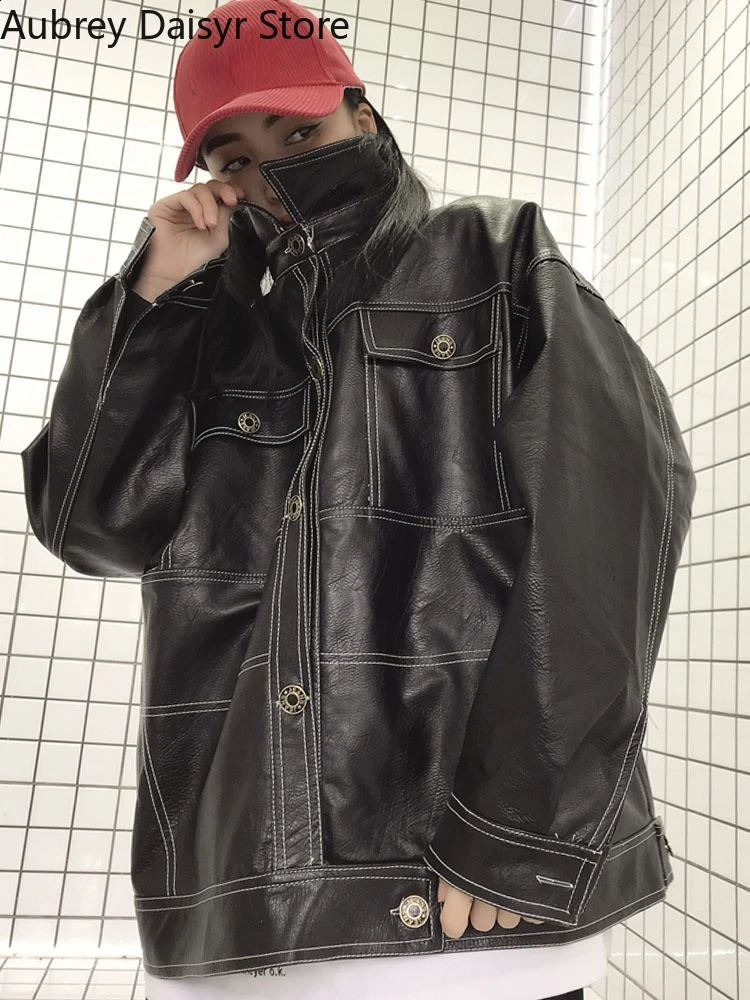 Korean Black Leather Jacket Women Streetwear Harajuku Loose Moto Jacket Women Vintage High Street Punk Outerwear Biker Coat 240824