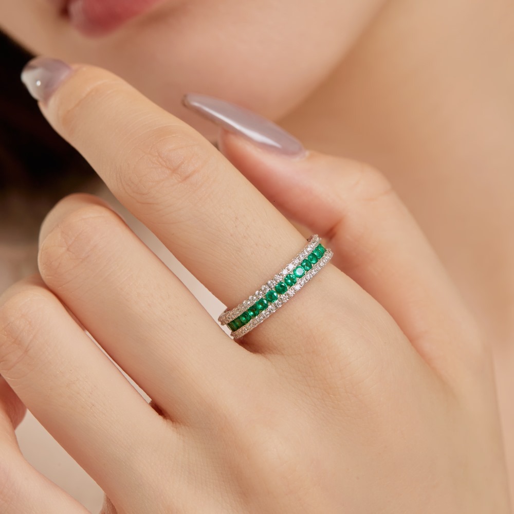 Korean version the new S pure sier women's ring with diamond arrangement dopamine color scheme, full zircon design and a sense of female handmade