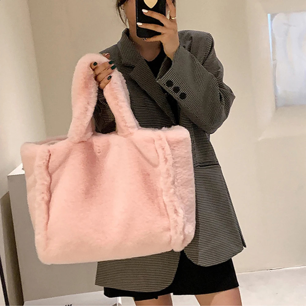 DHXJ Large Plush Tote Faux Fur Shoulder Bag Winter Fluffy Handbags Warm Soft Crossbody Bags for Women Shopper Purses 240826