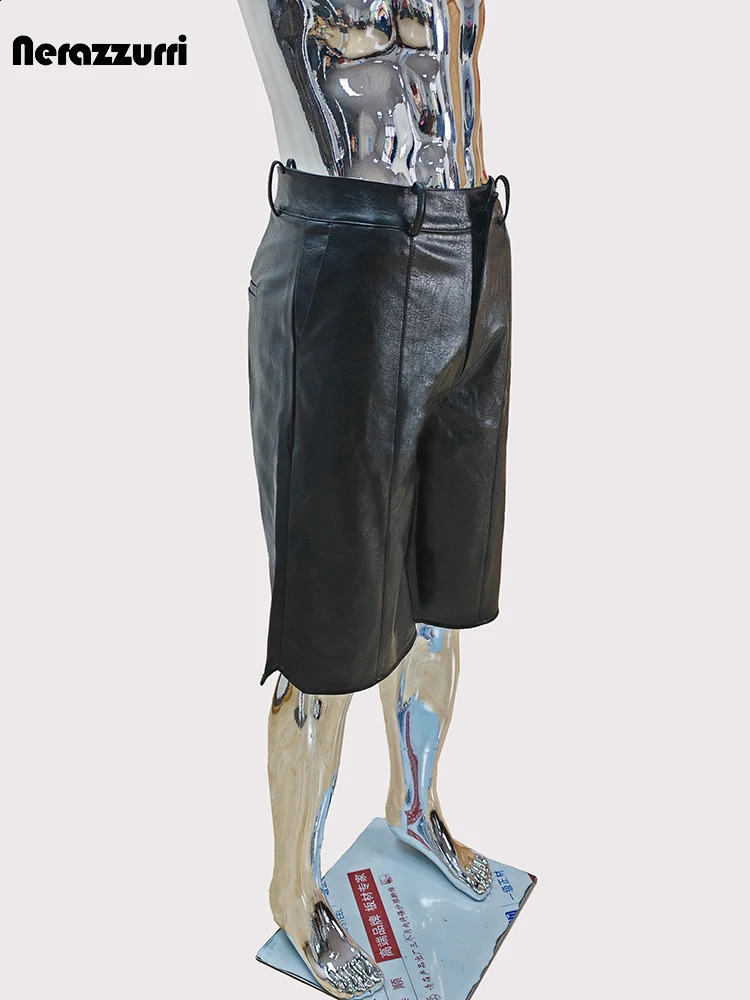 Mauroicardi Summer Autumn Cool Handsome Waterproof Black Pu Leather Shorts for Men High Waist Short Straight Pants Clothes 2024 240824 - view 4