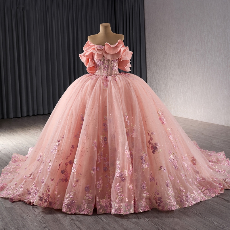 Luxury Pink Shiny Quinceanera Dresses Off Shoulder Applique Lace Tull Vestidos 15 De XV Anos XV Brithday Sweet 16 Dress