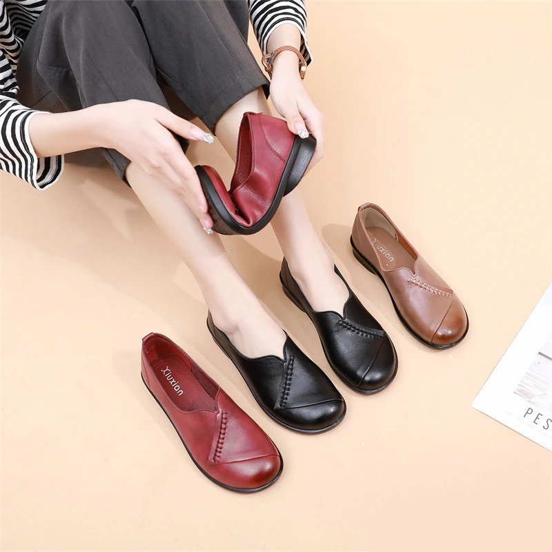 Slip On Shoes For Women Leather Sneakers Ladies Leather Moccasins Womens Loafers Autumn Ballet Flats Woman Shoes Black Loafer 240821