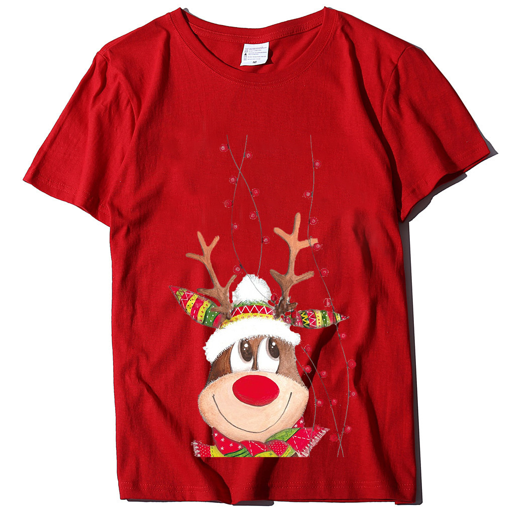 European Christmas reindeer print women's short sleeved T-shirt loose plus size top dongdumaoyi