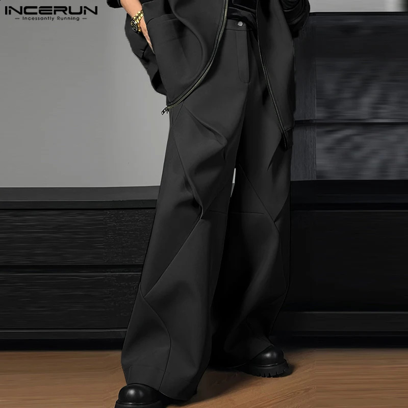 INCERUN 2024 Fashion Casual Mens Trousers Pleated Patchwork Diamond Solid Pants Male Straight Leg Wide Leg Pantalons S-5XL 240826