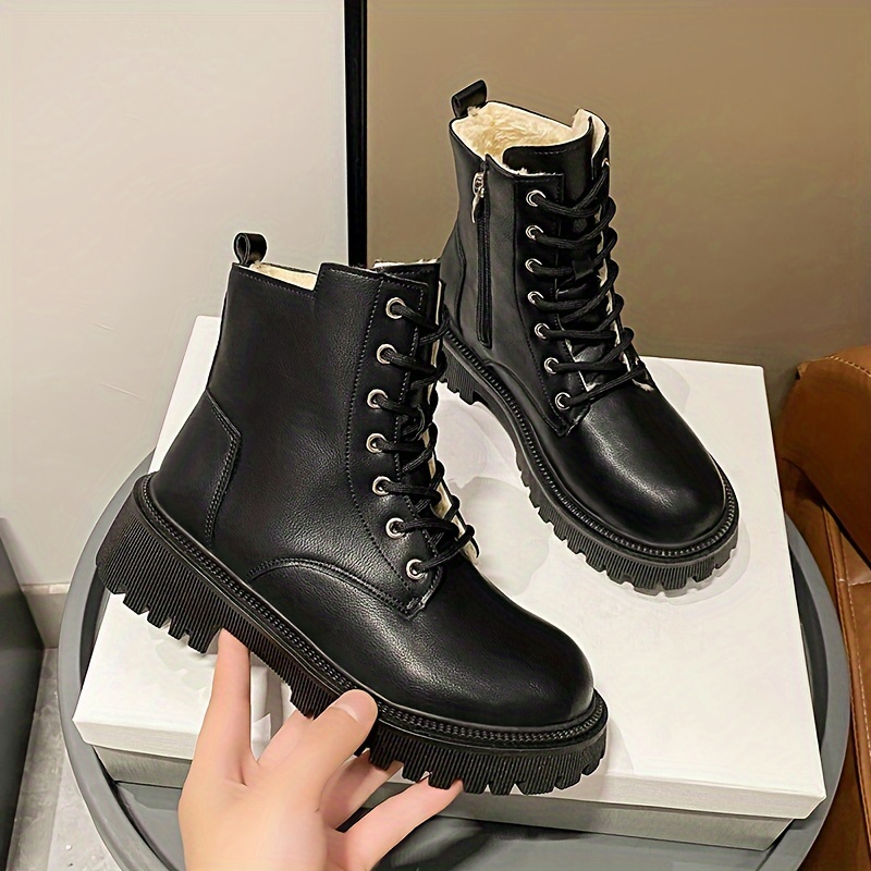 Women's Chic Fluffy Combat Martin Ankle Boots Round Toe Warm Lined, Mid Heel with Non-Slip Sole for Winter Snow boots