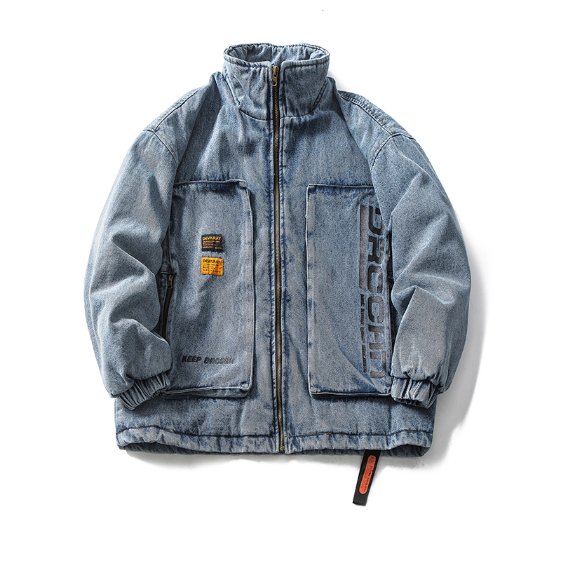 Japanese style standing collar mens letter printing retro denim jacket autumn winter large pocket zipper loose fit 240824