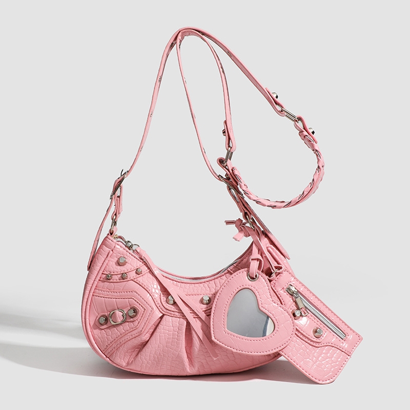 In The Summer Of 2024 New Drawstring Women's Bag Fashion Bucket Bag Rivet Motorcycle Bag Wide Strap Crossbody Bag Tready Crescent Moon Bag For Wo
