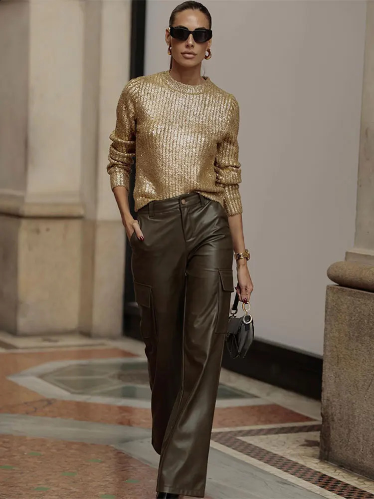 Fashion gold knitted womens sweater casual long sleeved pullout autumn elegant office loose jumper 241007