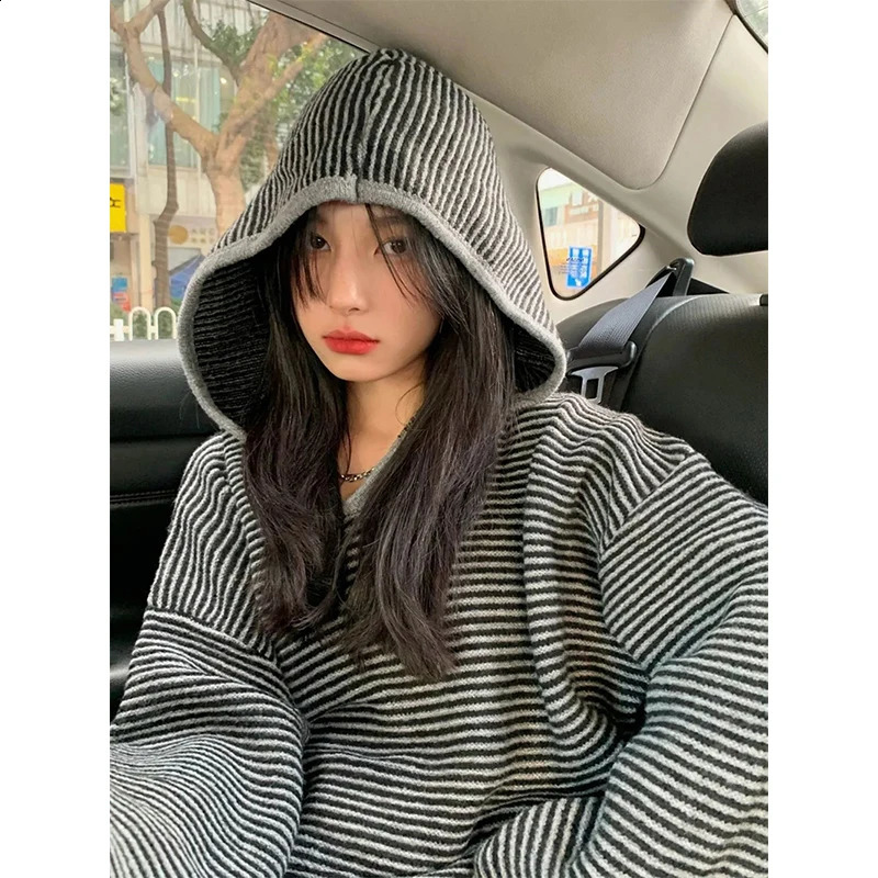 MEXZT Striped Hooded Sweater Womens Streetwear Oversized Knitted Pull Rod Y K Haruku Retro Korean Casual Jumper