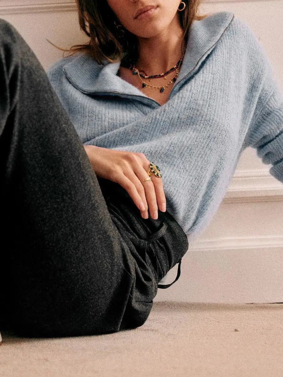 Womens Half Zipper Turn-Down Collar Sweater Long Sleeve Elegant Knitwear Top Ladies Slim Knitted Jumpers 240824