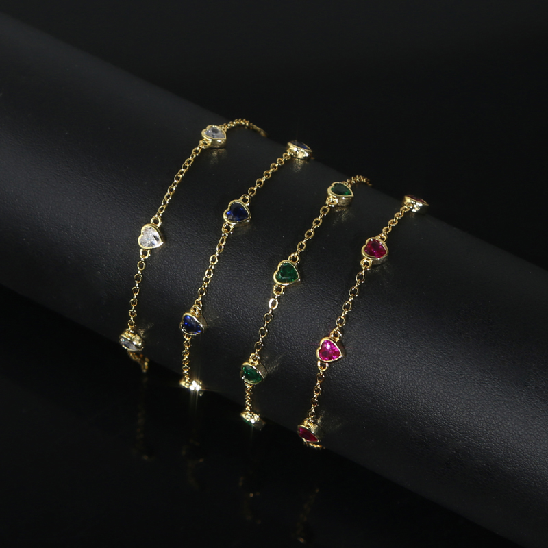 High Quality Red Green Blue White Cubic Zirconia Paved Heart Charm Bg CZ Tennis Chain Colorful Jewelry for Women
