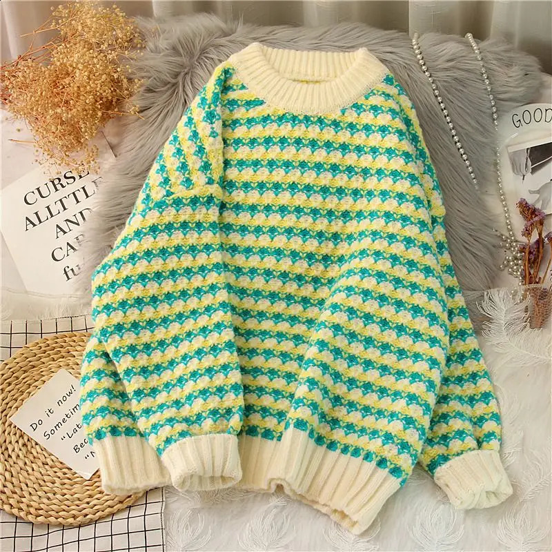 Sweet O-Neck loose striped sweater womens clothing winter ultra-fine knitted fully matched fleece casual top 240826