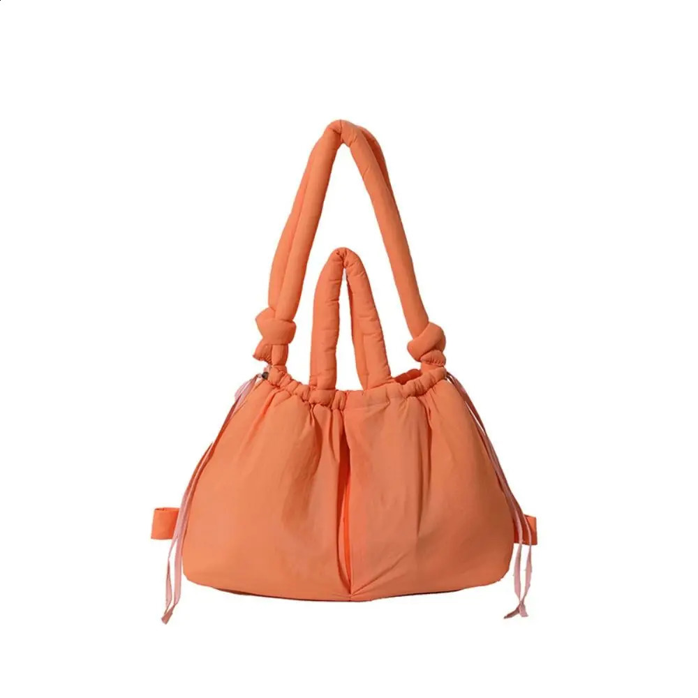 Solid color handle tote bag goldplated tie strap nylon filled dualpurpose large capacity inflatable backpack womens 240826 - view 3