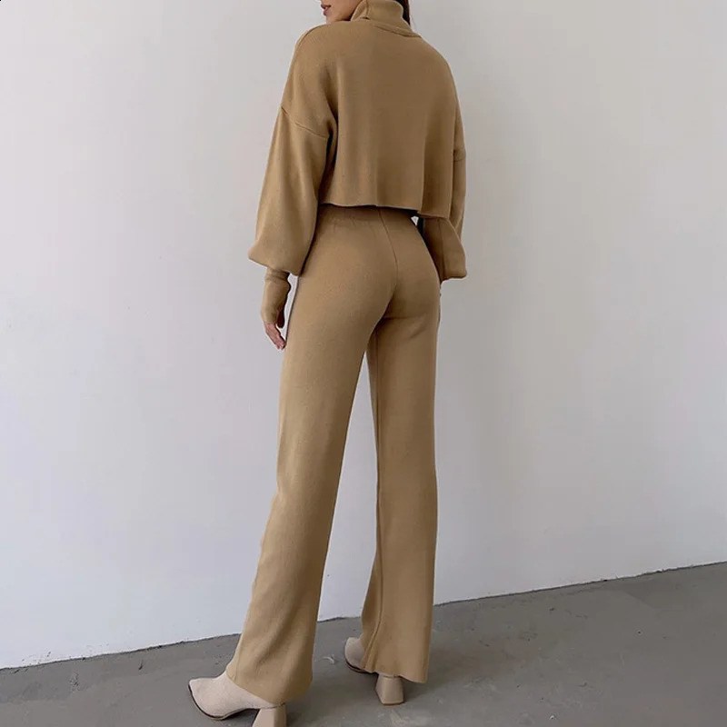 Autumn Winter Solid Ribbed Knitted Set Women Casual Turtleneck Pullover Pants Homewear Suit Retro Two Piece Outfits with Glove 240826