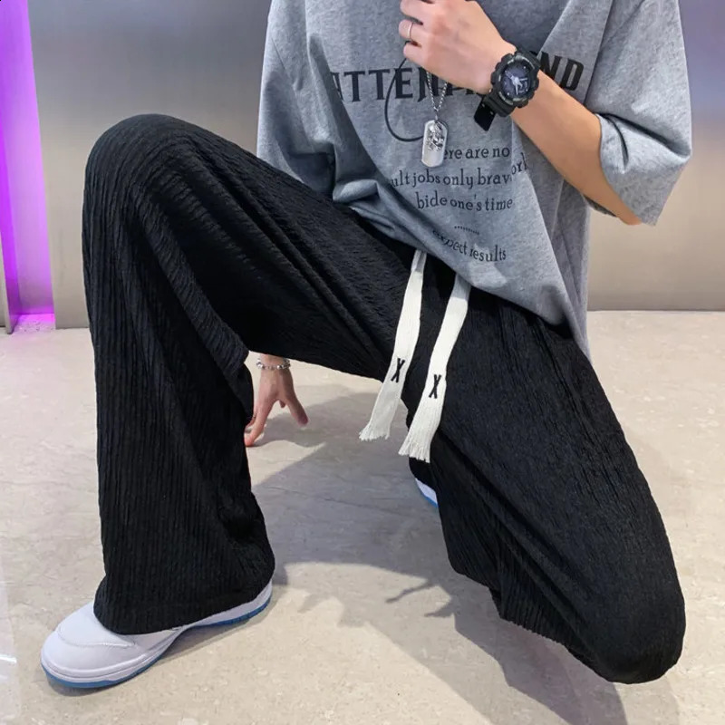 Summer Ice Silk Pants Men Fashion Oversized Wide Leg Pants Men Japanese Streetwear Hip Hop Loose Pleated Pants Mens Trousers 240826
