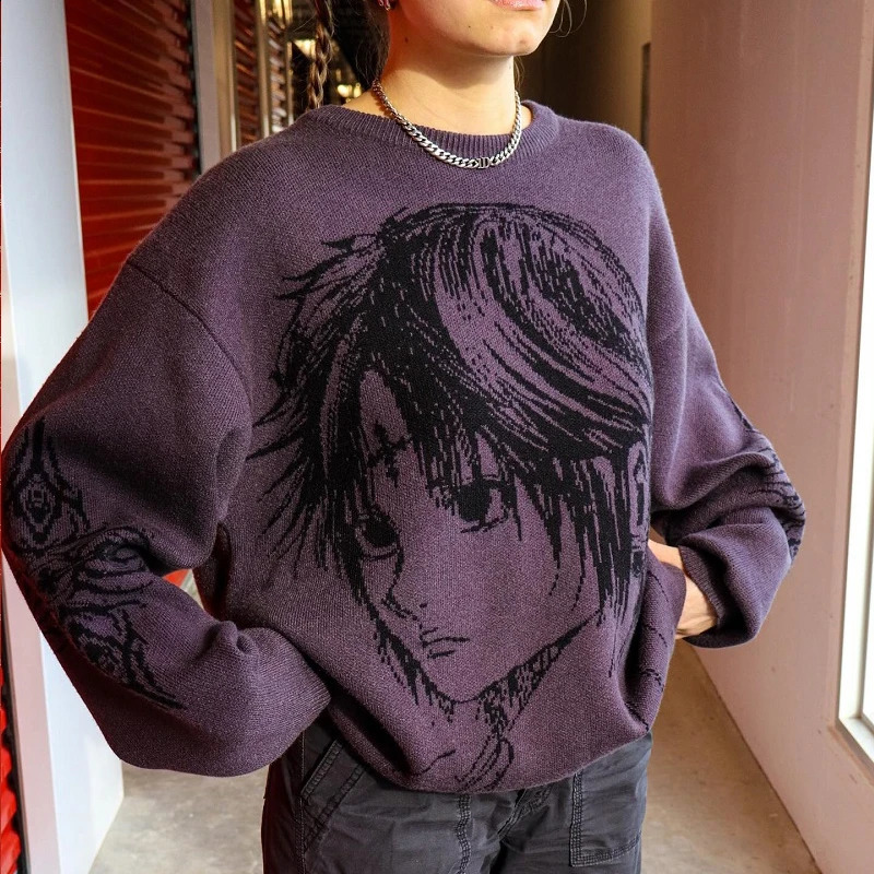 Womens Knitting Fashion Anime Print Sweater Harajuku Gothic Purple Sweater Men Pullover Y2K Oversized Sweater Streetwear 240824