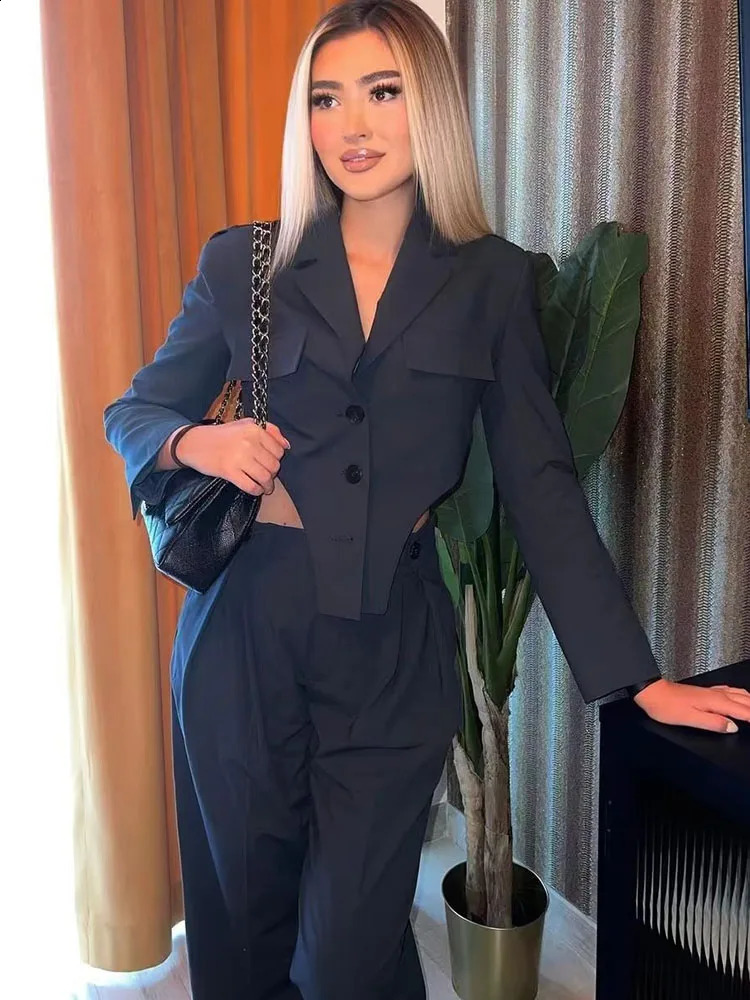 Vintage Women Stylish Cropped Blazer Suits Fashion Ladies Slim Two Piece Set Streetwear Female Chic Long Pants Suit 240826