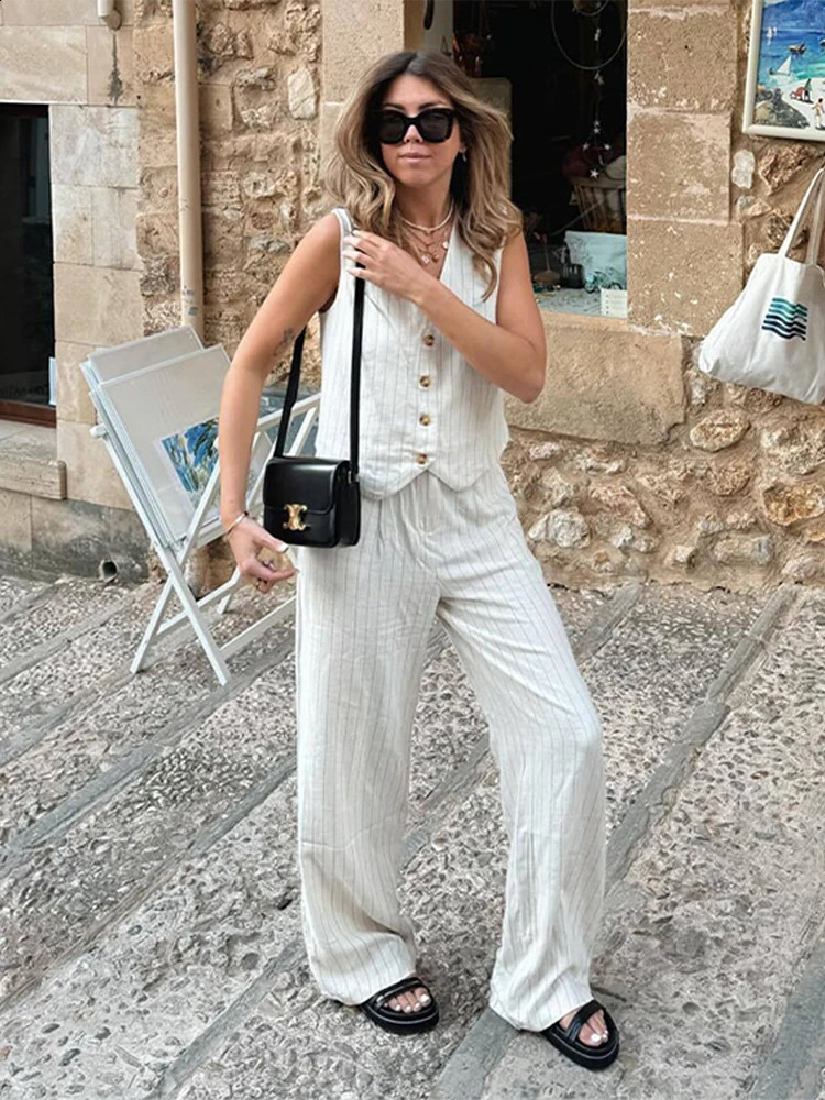 Fashion Stripe Vest Pants Sets For Women Slim V-neck Single Breasted Tank Top High Waist Trousers Summer Lady Office Outfit 240826
