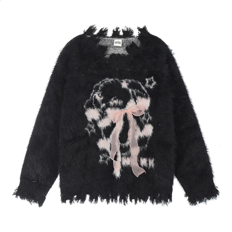 Womens Print Mohair Pullover Sweater Aesthetic Y2k Elegant Vintage Long Sleeves Bow Knitted Jumper Sweater 2000s Clothes Autumn 240824