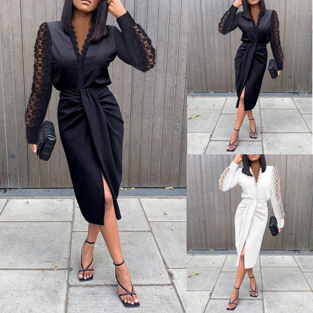Autumn Winter V-neck Lace Long Sleeve Wrap Hip Waist Dress Womens Wear