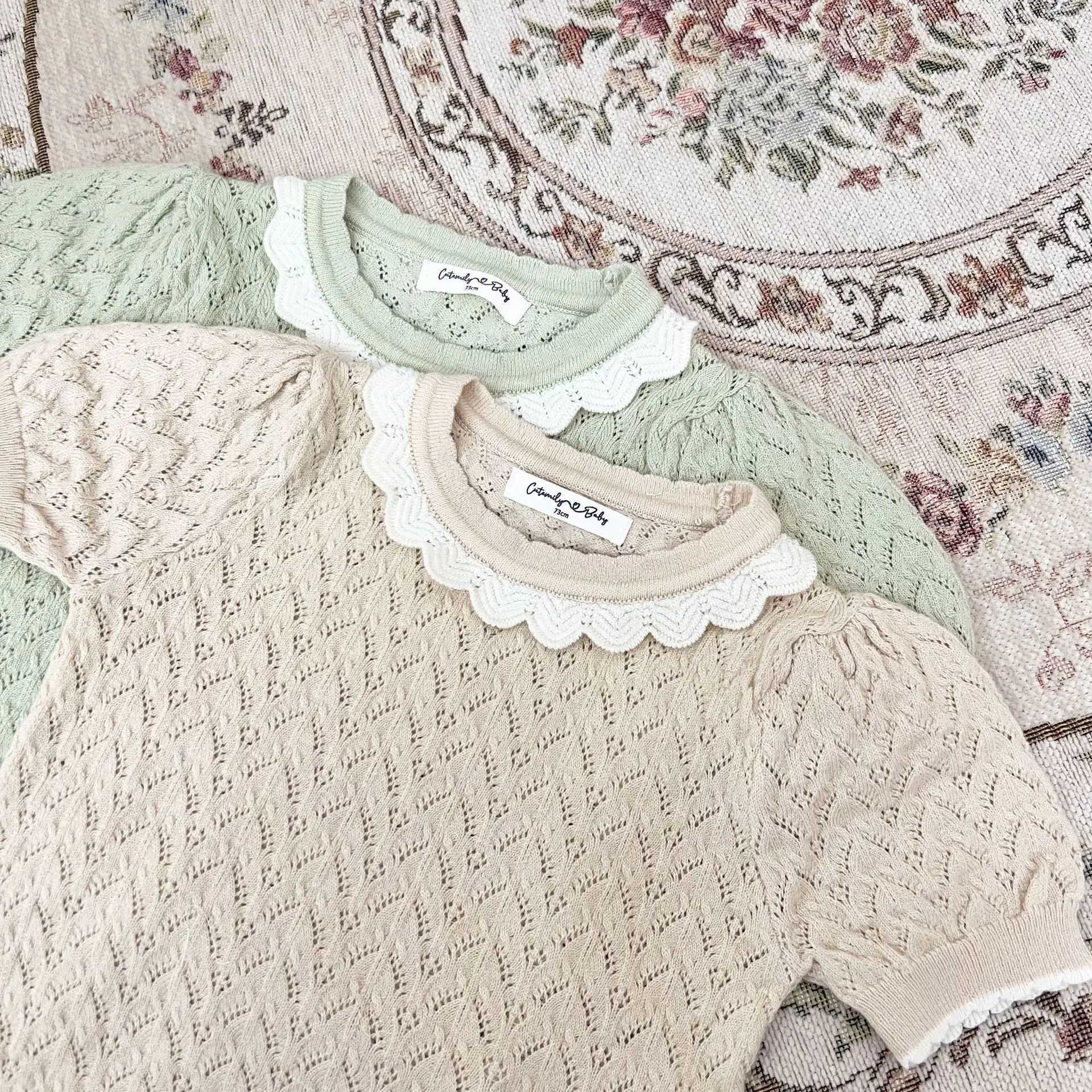DEER JONMI 2024 Summer Baby Girl Thin Knitted Sweater Solid Color Short Sleeve Korean Style Toddler Pulley TopW240824