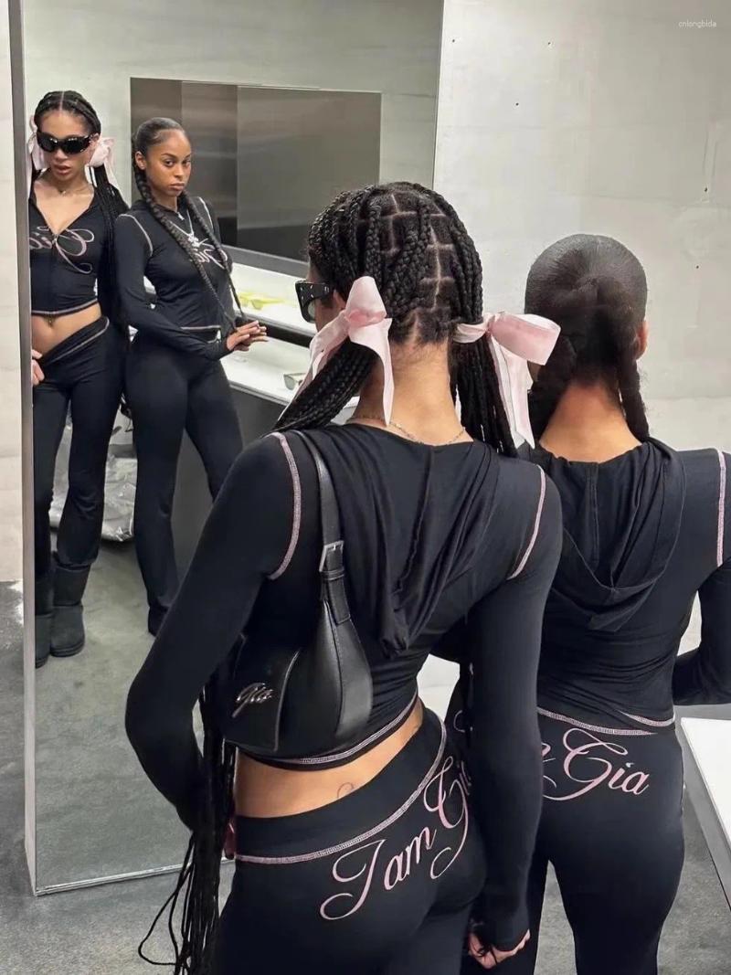 Women's Two Piece Pants Iamgia Slim Fit Letter Print Thin Stretch Hooded Zipper Short Jacket Set