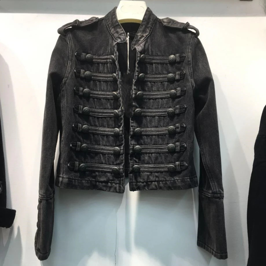 Retro military style handsome stand collar denim jackets female double-breasted old wild slim short denim jackets outerwear F368 240824
