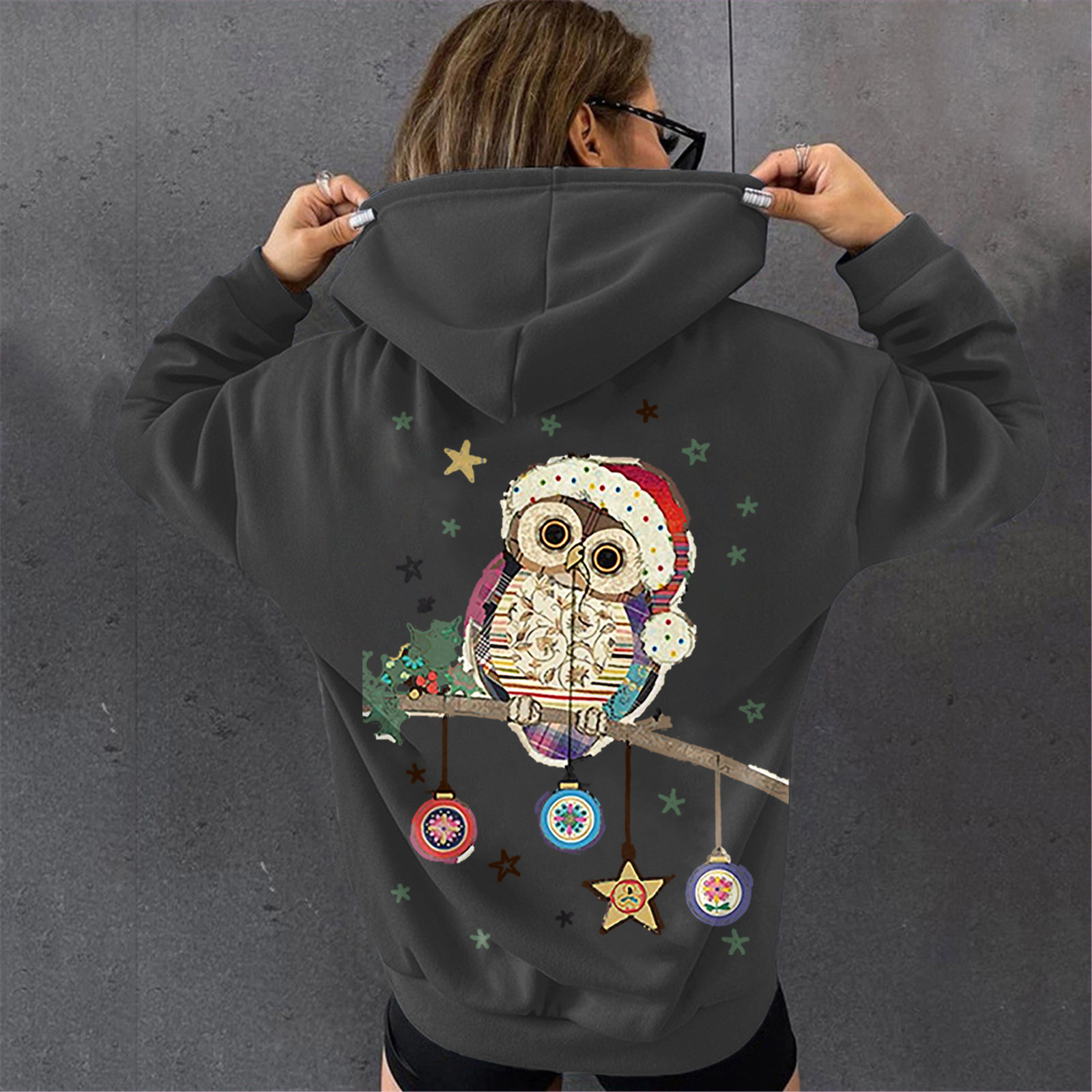 New Christmas hoodie for women with loose fleece hooded sweatshirt and owl print jacket dongdumaoyi
